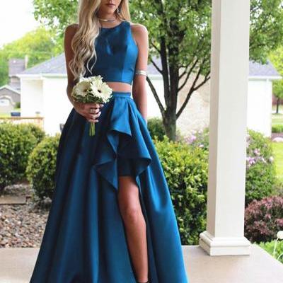 Prom Dresses 2017 two piece prom dress,teal green prom dress,slit dress,2 piece dress