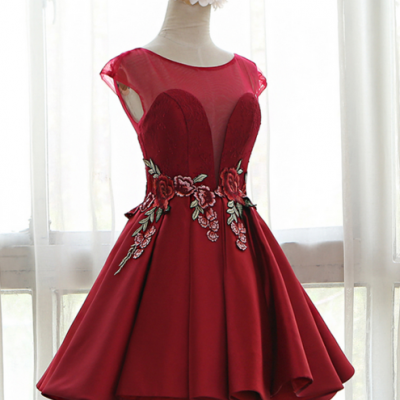 Cheap homecoming dresses 2017,Red Sweetheart Illusion Cap Sleeves Floral Embroidery A-Line Pleated Dress with Open Back and Lace-up Detailing