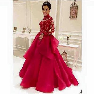 Cheap prom dresses 2017,High-Neck Red See-Through Long-Sleeve Lace Evening-Dresses Dubai Style Muslim Formal Evening Dress