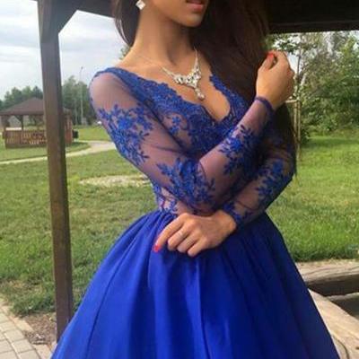 Lace Homecoming Dresses,Long Sleeves Royal Blue Short Homecoming Dress With Lace