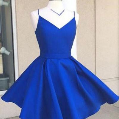 Cheap Simple V Neck Blue Short Cute Homecoming Prom Dress