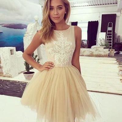 Champagne Lace Tulle Short Prom Dress, Champagne Homecoming Dress