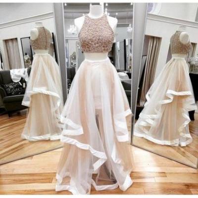 Crop Tops Champagne O Neck High Low Tulle A Line Prom Evening Dress