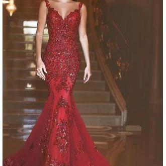 2016 formal dresses red Elegant Mermaid Crytal Prom Dresses 2016 Sheer Illusion Back Court Train Evening Gowns
