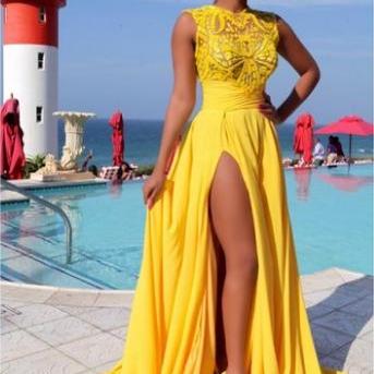Prom dresses Formal Dress 2016 Yellow Chiffon Prom Dresses Thigh-High Slit Sexy Summer Evening Gowns