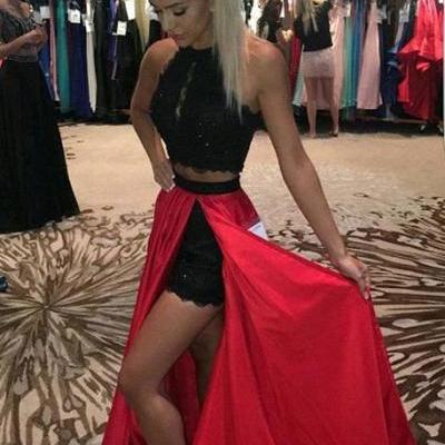 Two piece black and red crop top high low slit lace formal prom dresses 2017