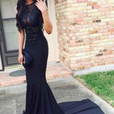 Dark navy sexy see through appliques sheer neck trumpet mermaid high neck sweep train prom formal evening dress 2017