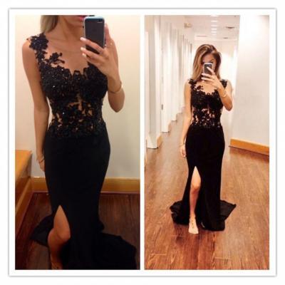 Black Lace Beading Front Split Sexy Handmade Mermaid Prom Dresses,Long Party Gowns Evening Formal Dresses 2017