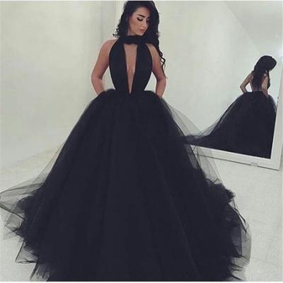 Black ball gown high neck deep v neck tulle sexy keyhole cut out prom formal evening dress