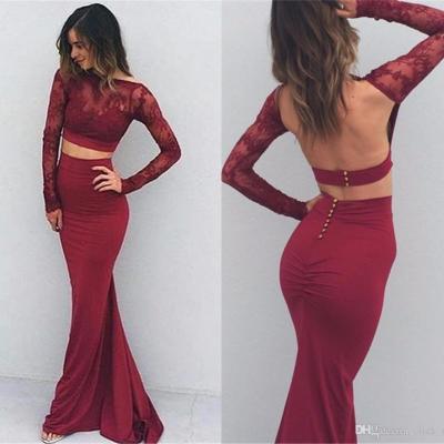 Sexy Long Sleeves Two Piece Crop Top Lace Backless Burgundy Mermaid Long Prom Dress with Open Back