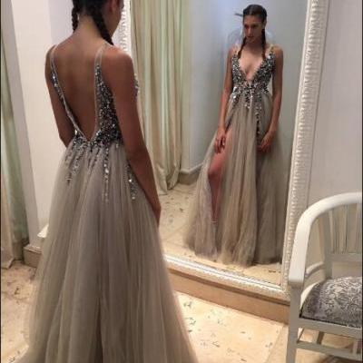 Sexy deep v neck sequin champagne backless tulle A-line High Slit Formal Evening Prom Dress