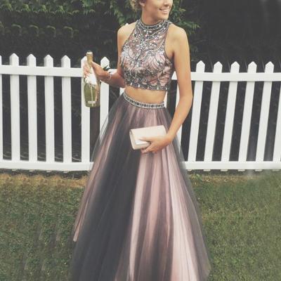 Two Piece Prom Dress - High Neck Sleeveless Floor Length with Beading 2017 Champagne crystal formal dresses