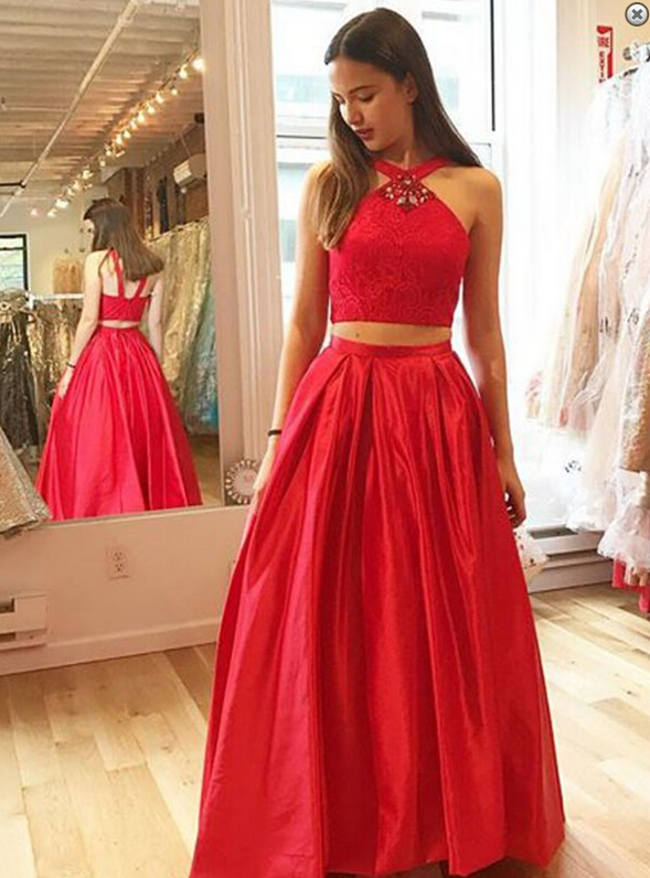 Cheap Wedding Dresses 2017 Red Halter Two Piece Taffeta Prom Dress