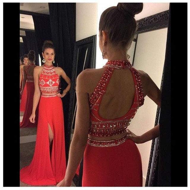 red and gold two piece prom dress
