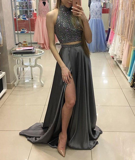 Dark Grey Two Piece Homecoming Dresses Beaded Short Prom Dress ARD1461 |  craft-ivf.com