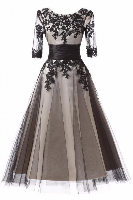 A Line Appliques Tulle Sashes Prom Dress 2017 Tea-length Half Sleeve Evening Party Dress