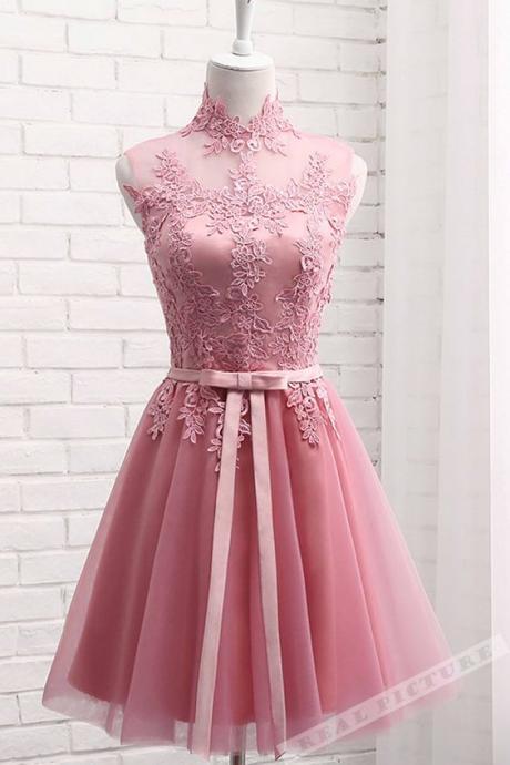 Pink High Neckline Lace Applique Homecoming Dress