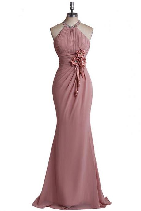 Halter Ruched Chiffon Mermaid Long Prom Dress, Evening Dress With Floral Appliqués