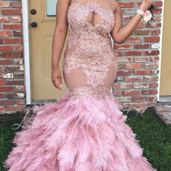 New Sexy Black Girl See Through Pink Feathers Prom Dresses With Beads ...