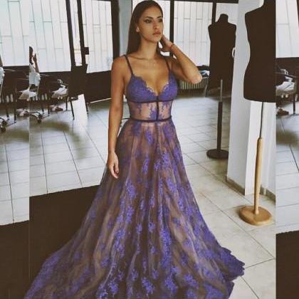 Prom dress Formal dress Blue Spaghetti Straps Court Train Lace A Line Prom Dress