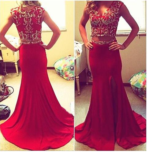 Red two piece prom dress long Red two piece prom dress long