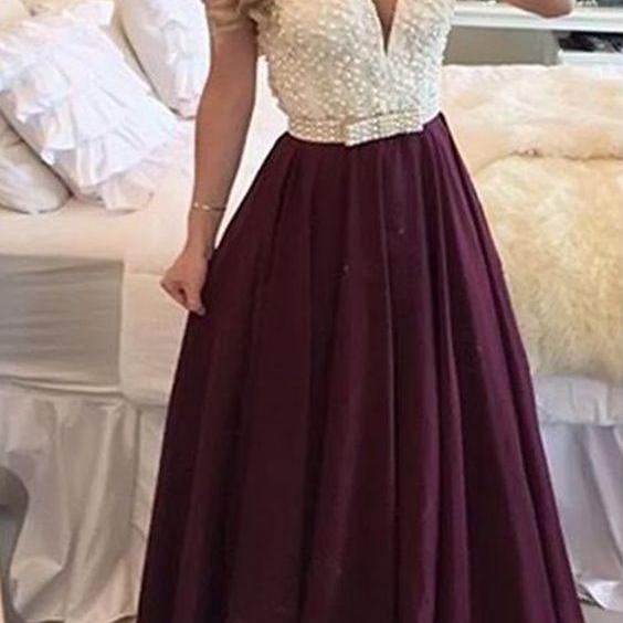Burgundy Prom Dress , Long Plus Size Prom Dress, With Pearls Burgundy