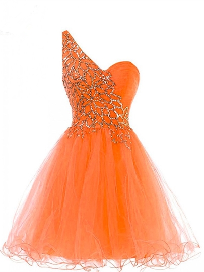 Orange A-line One-shoulder Beading Short Homecoming Dress on Luulla