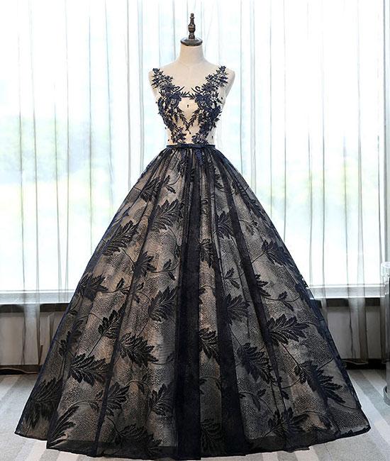 Black Unique Lace Round Neck Lace Long Prom Evening Dress on Luulla